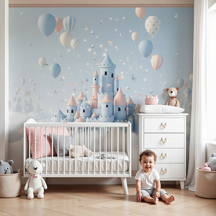 Papel de parede para quarto de bebé | Castelo de conto de fadas nas nuvens com balões coloridos