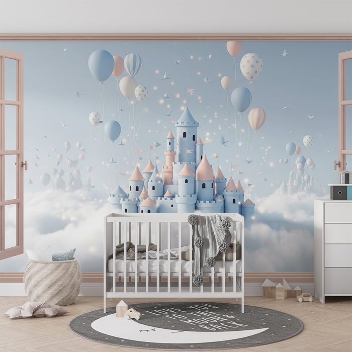 Papel de parede para quarto de bebé | Castelo de conto de fadas nas nuvens com balões coloridos
