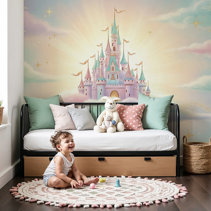 Babykamer behang | Sprookjesachtig kasteel in de wolken met twinkelende sterren