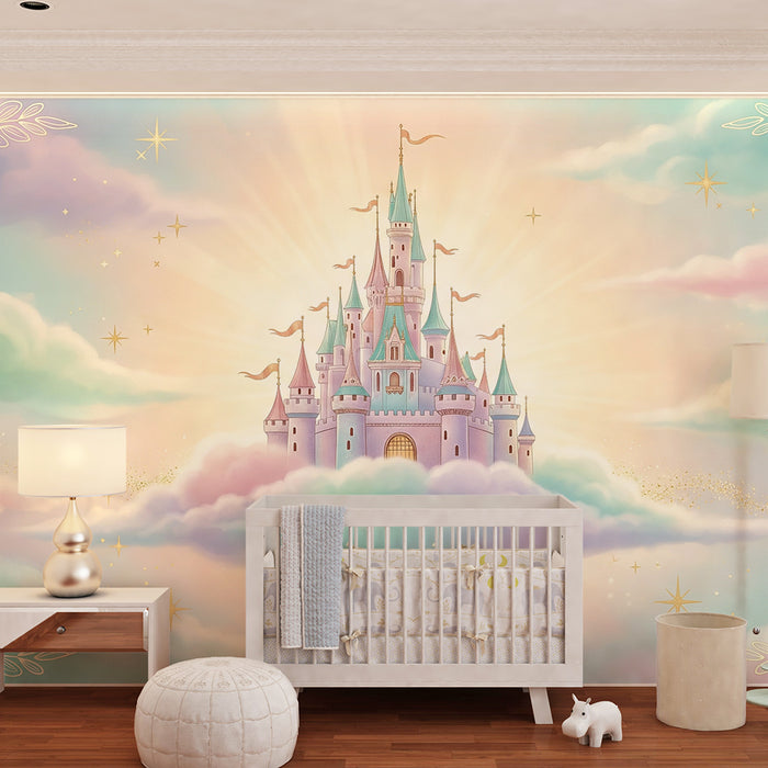 Babykamer behang | Sprookjesachtig kasteel in de wolken met twinkelende sterren