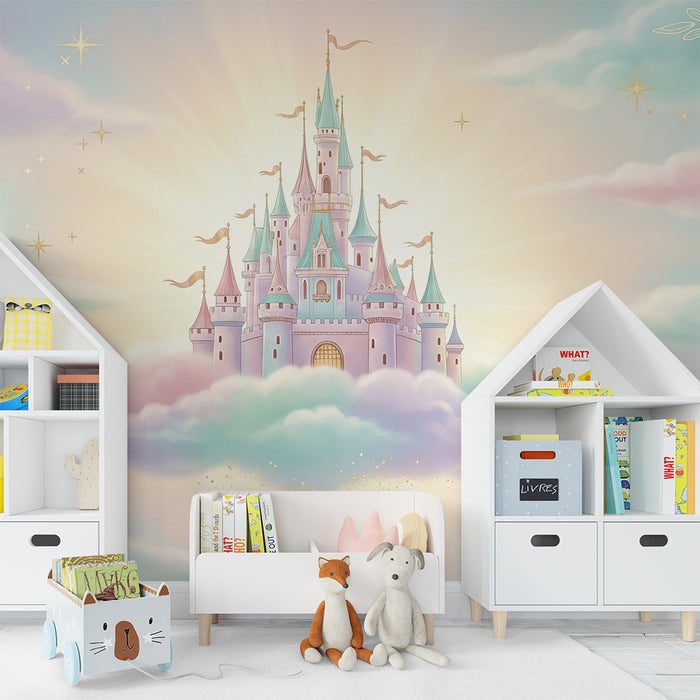 Babykamer behang | Sprookjesachtig kasteel in de wolken met twinkelende sterren