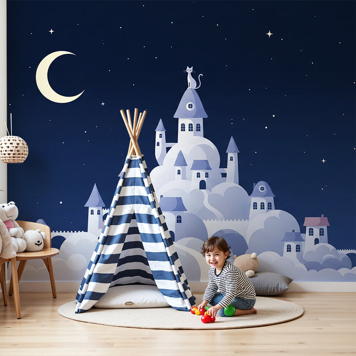 Papel de parede para quarto de bebé | Castelo encantado nas nuvens sob um céu estrelado