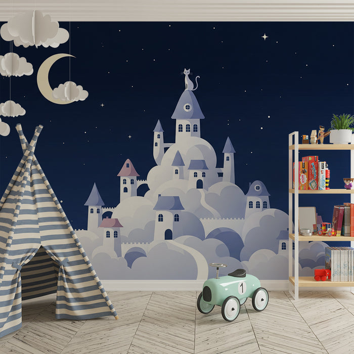 Papel de parede para quarto de bebé | Castelo encantado nas nuvens sob um céu estrelado