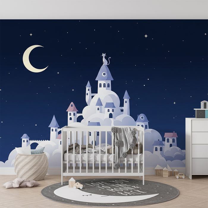 Papel de parede para quarto de bebé | Castelo encantado nas nuvens sob um céu estrelado