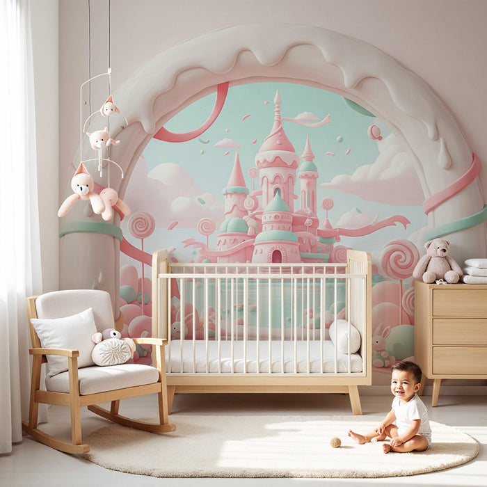 **Barneveggpapir til babyrom | Eventyrslott med godteri og rosa skyer**
