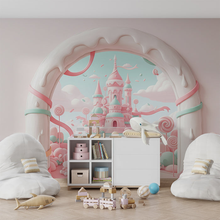 **Barneveggpapir til babyrom | Eventyrslott med godteri og rosa skyer**