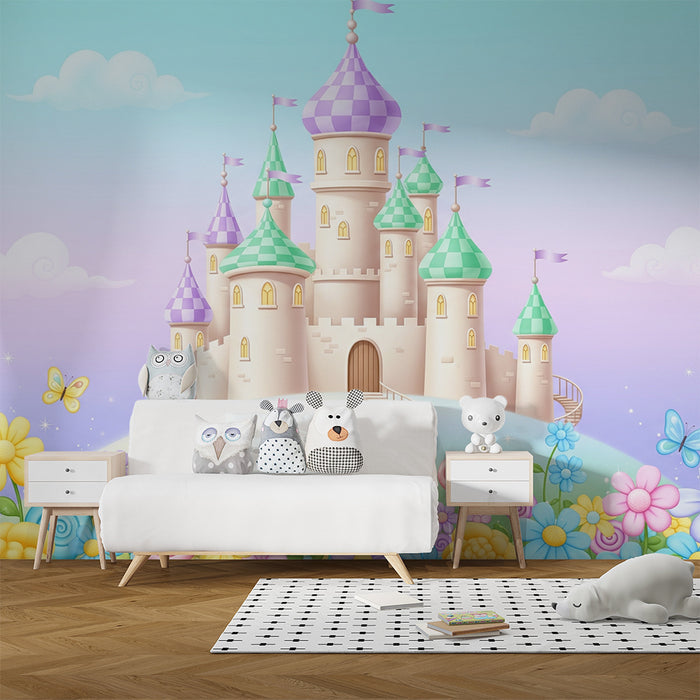 Papel de parede quarto bebê | Čarobni dvorac okružen šarenim cvijećem