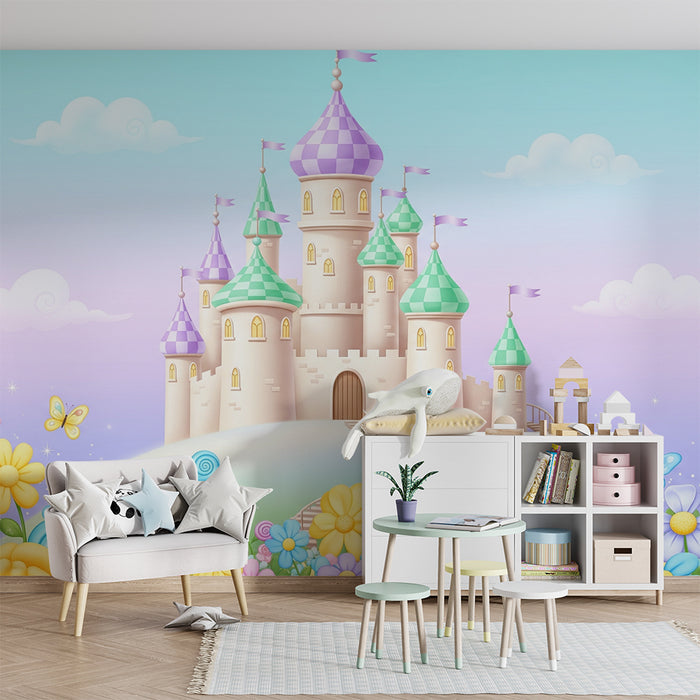 Papel de parede quarto bebê | Čarobni dvorac okružen šarenim cvijećem