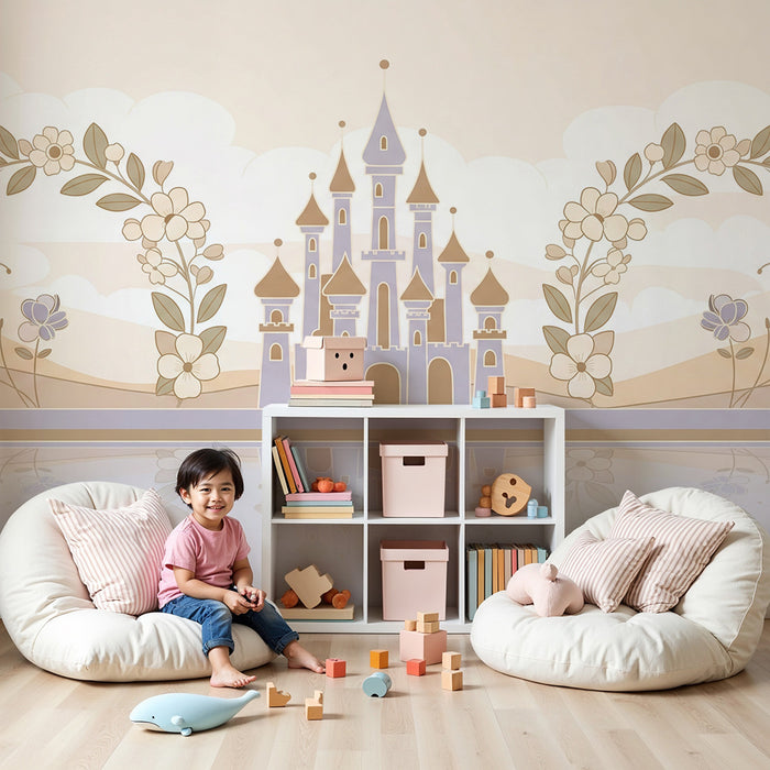 Papier peint chambre bébé | Château féerique entouré de fleurs délicates