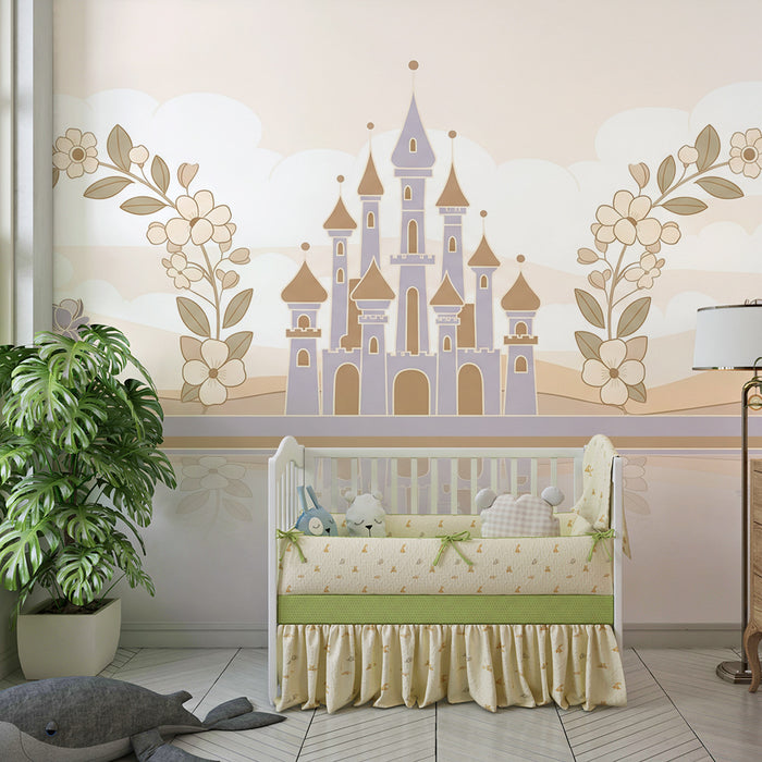 Papier peint chambre bébé | Château féerique entouré de fleurs délicates