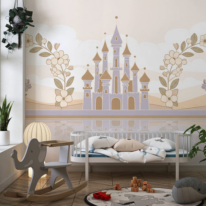Papier peint chambre bébé | Château féerique entouré de fleurs délicates