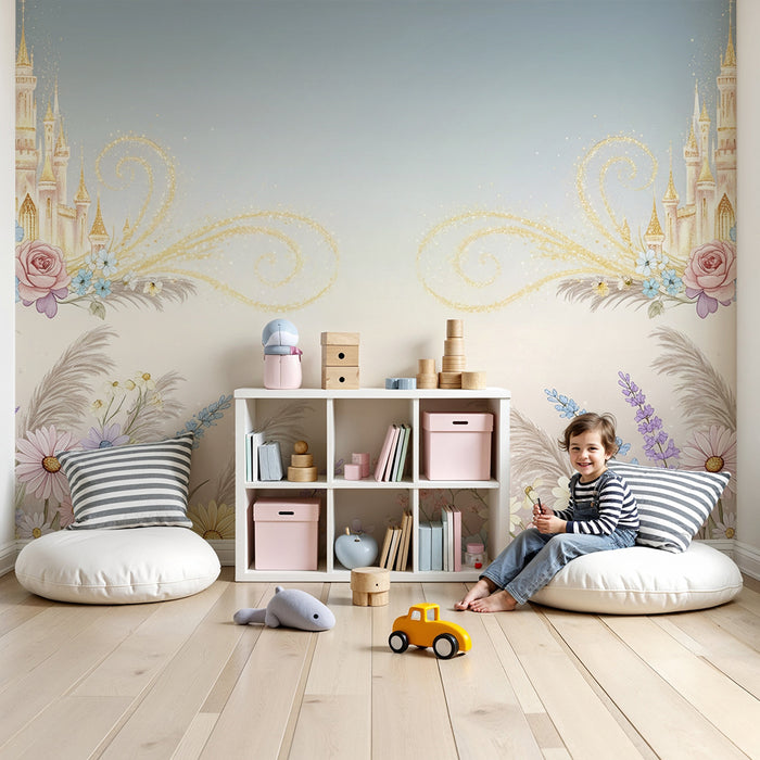 Lastenhuoneen tapetti | Satulinna ympäröi herkkiä kukkia