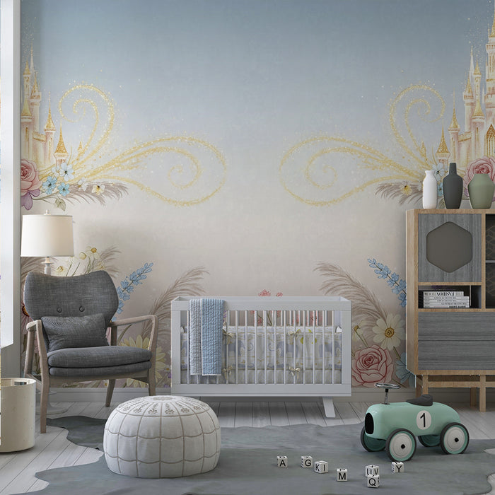 Lastenhuoneen tapetti | Satulinna ympäröi herkkiä kukkia