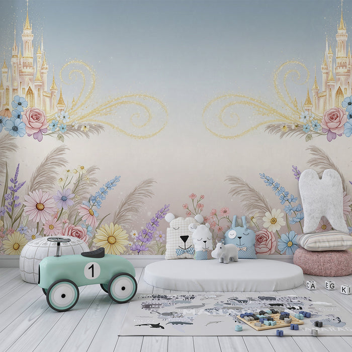 Lastenhuoneen tapetti | Satulinna ympäröi herkkiä kukkia