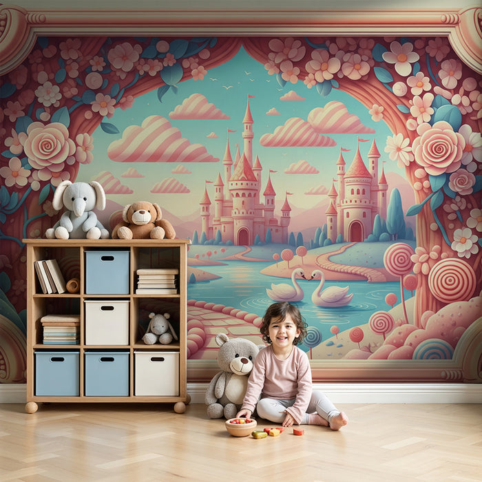 Papier peint chambre bébé | Château féerique entouré de fleurs et de douceurs