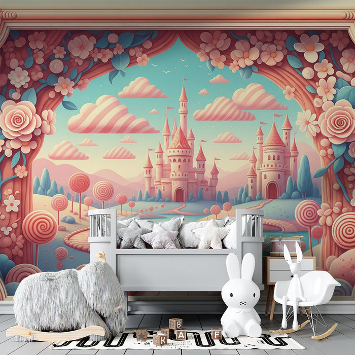 Papier peint chambre bébé | Château féerique entouré de fleurs et de douceurs