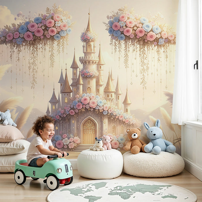 Papier peint chambre bébé | Château féerique entouré de fleurs pastel