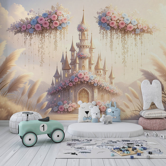Papier peint chambre bébé | Château féerique entouré de fleurs pastel