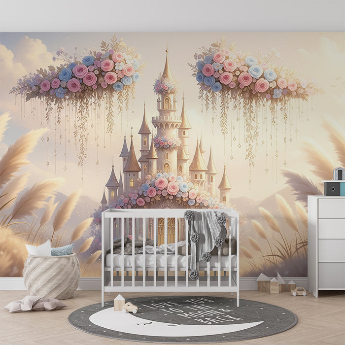 Papier peint chambre bébé | Château féerique entouré de fleurs pastel