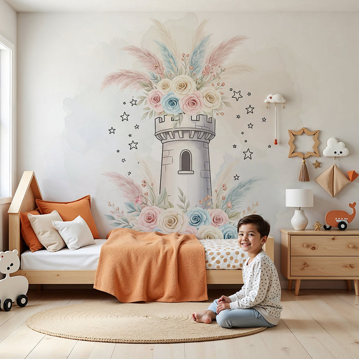 Nursery room wallpaper | Enchanted castle surrounded by pastel flowers