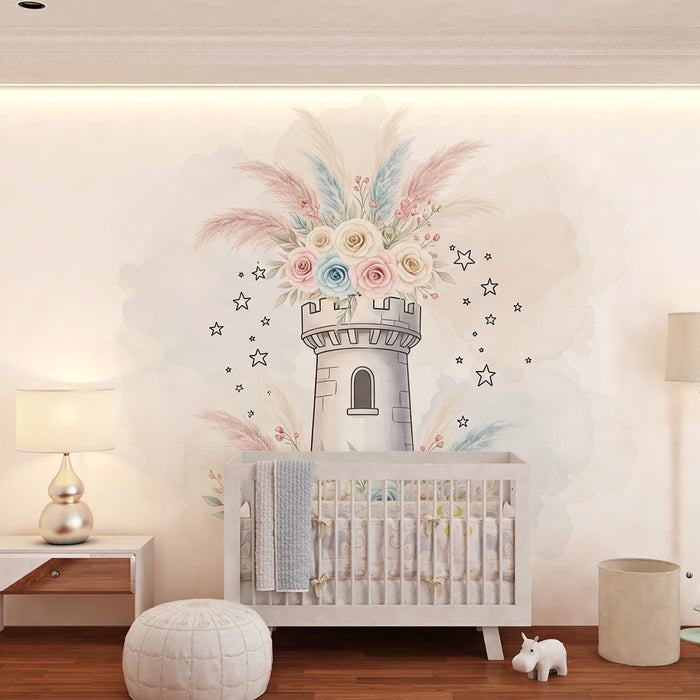 Nursery room wallpaper | Enchanted castle surrounded by pastel flowers