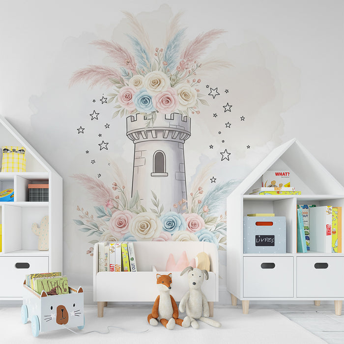 Nursery room wallpaper | Enchanted castle surrounded by pastel flowers