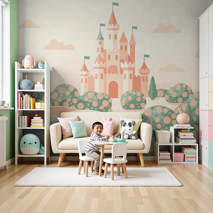 Papier peint chambre bébé | Château féerique entouré de jardins fleuris