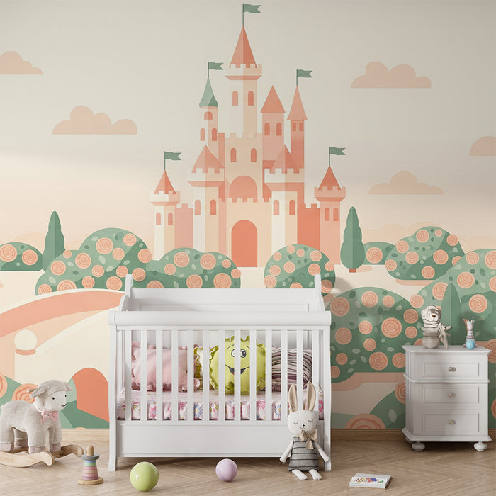 Papier peint chambre bébé | Château féerique entouré de jardins fleuris
