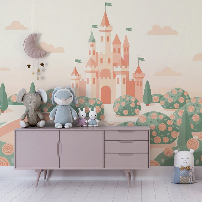 Papier peint chambre bébé | Château féerique entouré de jardins fleuris