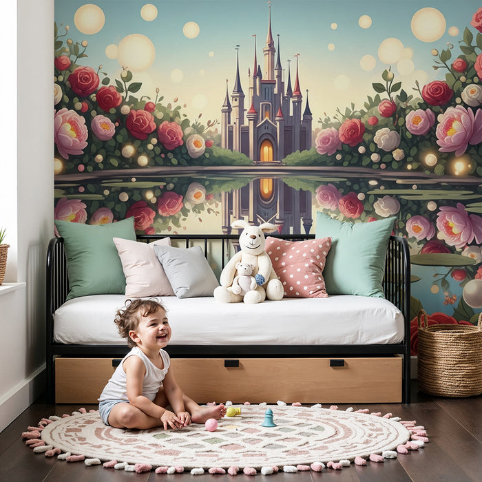 Papel de parede para quarto de bebé | Castelo encantado rodeado de rosas e reflexos mágicos