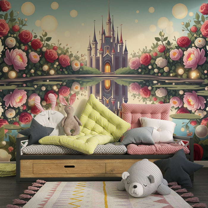 Papel de parede para quarto de bebé | Castelo encantado rodeado de rosas e reflexos mágicos