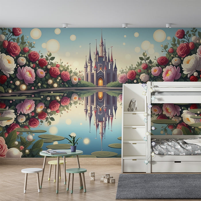 Papel de parede para quarto de bebé | Castelo encantado rodeado de rosas e reflexos mágicos