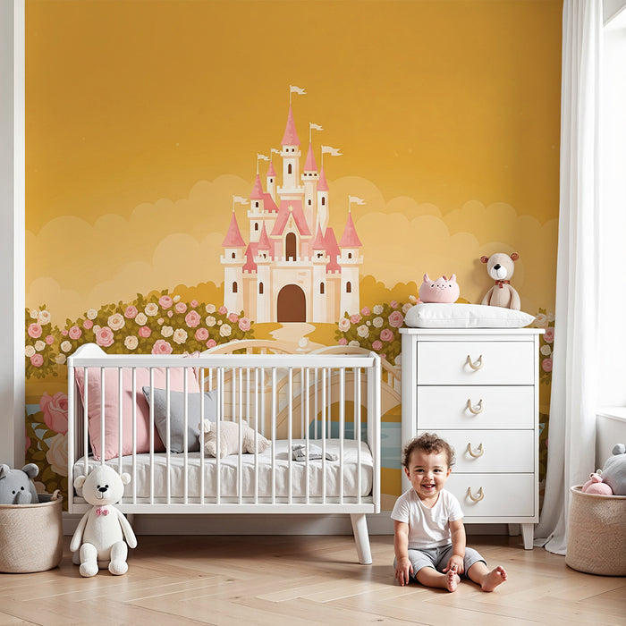 Papier peint chambre bébé | Château féerique entouré de roses pastel