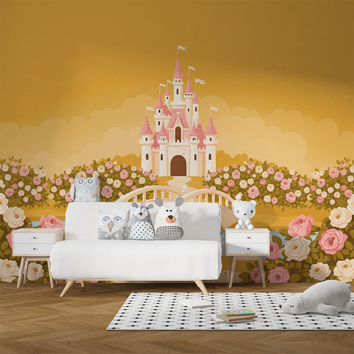 Papier peint chambre bébé | Château féerique entouré de roses pastel