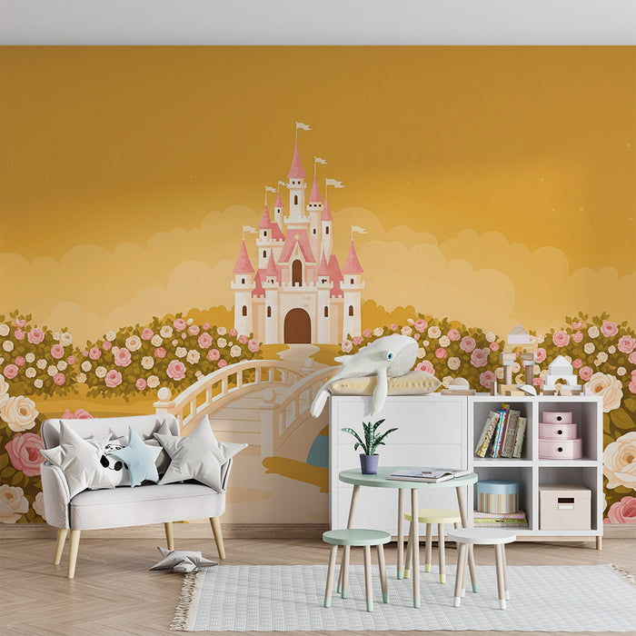 Papier peint chambre bébé | Château féerique entouré de roses pastel