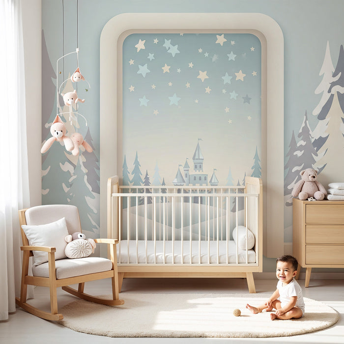 Papier peint chambre bébé | Château féerique entouré de sapins enneigés