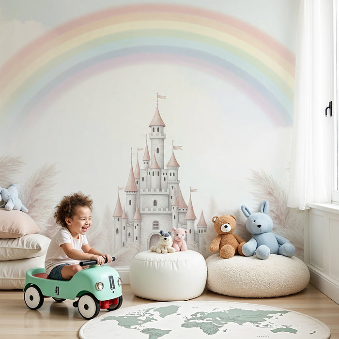Babykamer behang | Feeënkasteel onder een pastelregenboog