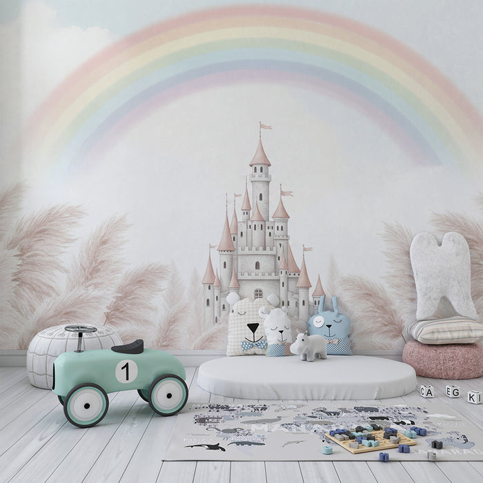 Babykamer behang | Feeënkasteel onder een pastelregenboog