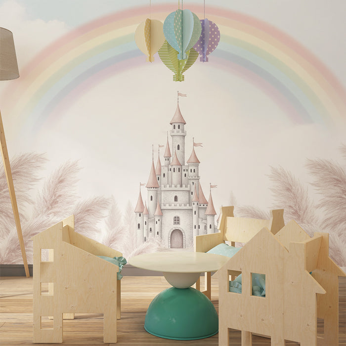 Babykamer behang | Feeënkasteel onder een pastelregenboog
