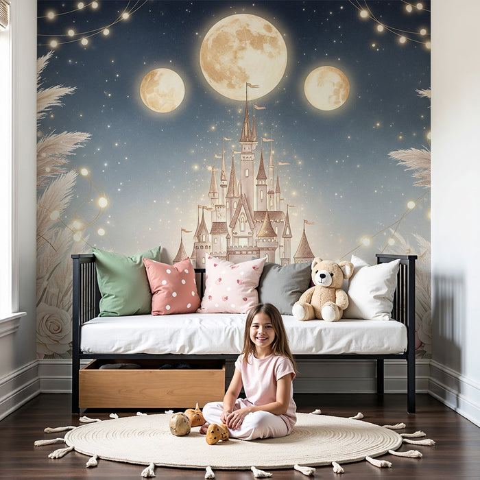 Lastenhuoneen tapetti | Satulinna tähtitaivaan alla herkillä ruusuilla
