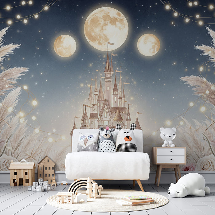 Lastenhuoneen tapetti | Satulinna tähtitaivaan alla herkillä ruusuilla