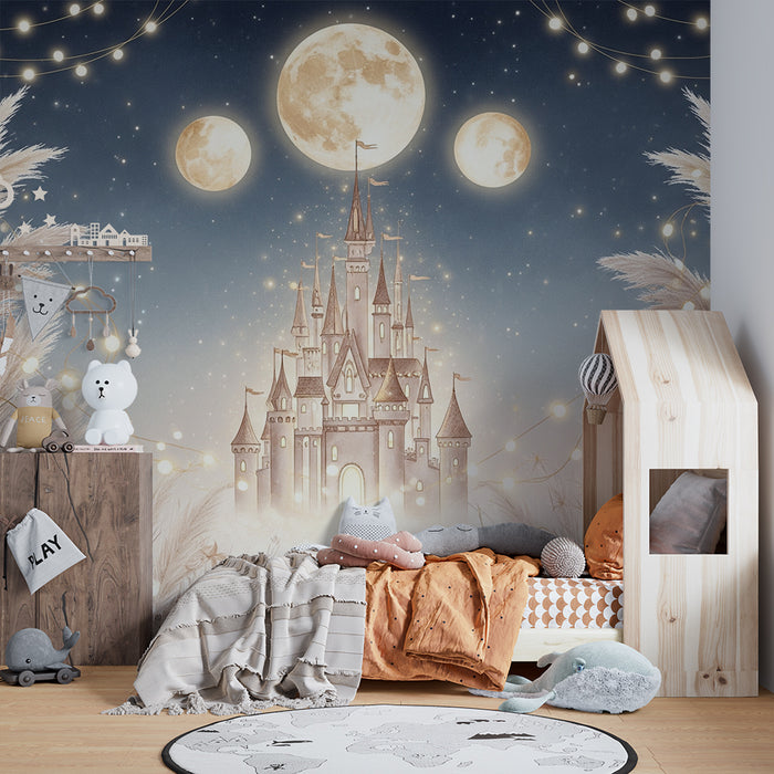 Lastenhuoneen tapetti | Satulinna tähtitaivaan alla herkillä ruusuilla