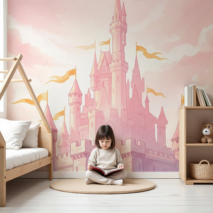 Nursery room wallpaper | Enchanted castle under a pink sky