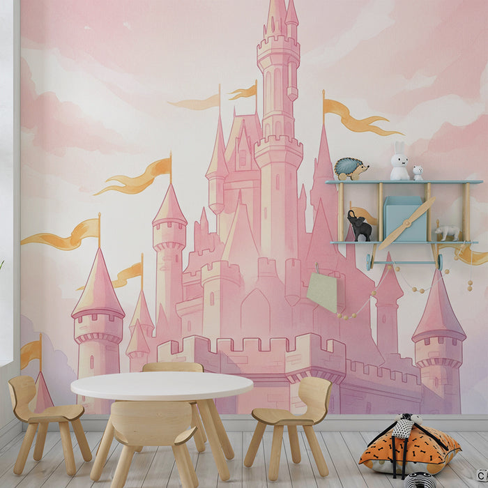 Nursery room wallpaper | Enchanted castle under a pink sky
