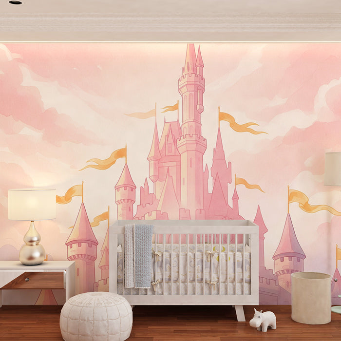 Nursery room wallpaper | Enchanted castle under a pink sky