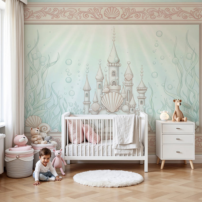 Papel de parede para quarto de bebé | Castelo subaquático encantado com conchas e algas