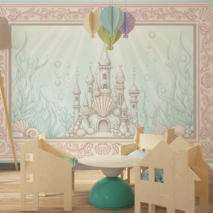 Papel de parede para quarto de bebé | Castelo subaquático encantado com conchas e algas