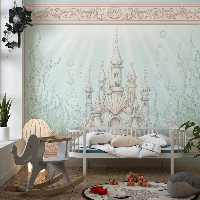 Papel de parede para quarto de bebé | Castelo subaquático encantado com conchas e algas