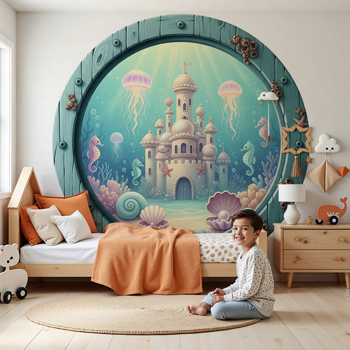 Papier peint chambre bébé | Château sous-marin féerique avec créatures marines