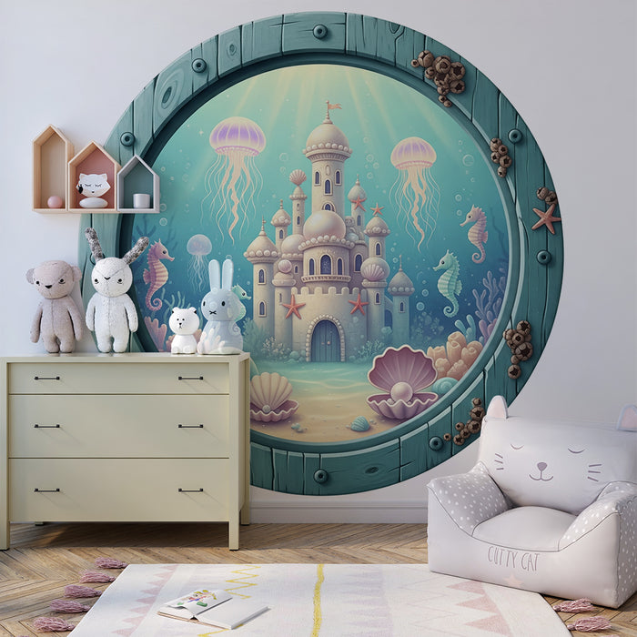 Papier peint chambre bébé | Château sous-marin féerique avec créatures marines